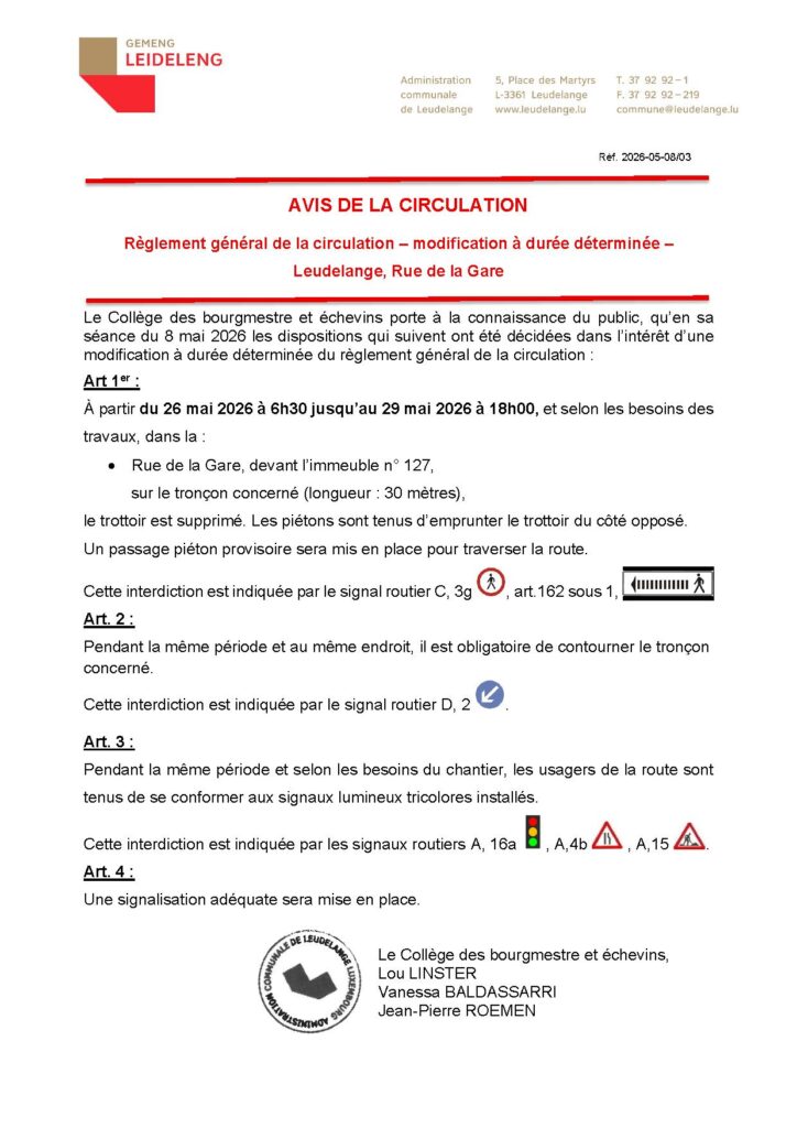 Avis de circulation – Rue de la Gare (26 – 29.05.26)