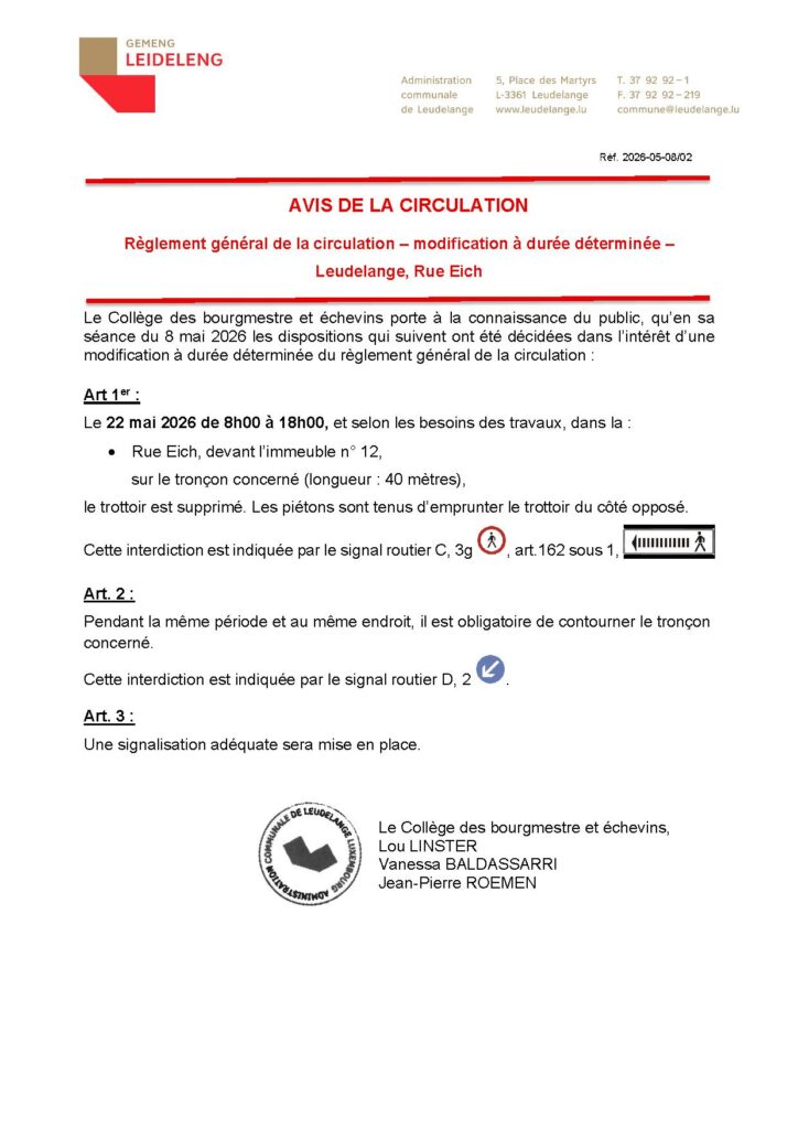 Avis de circulation – Rue Eich