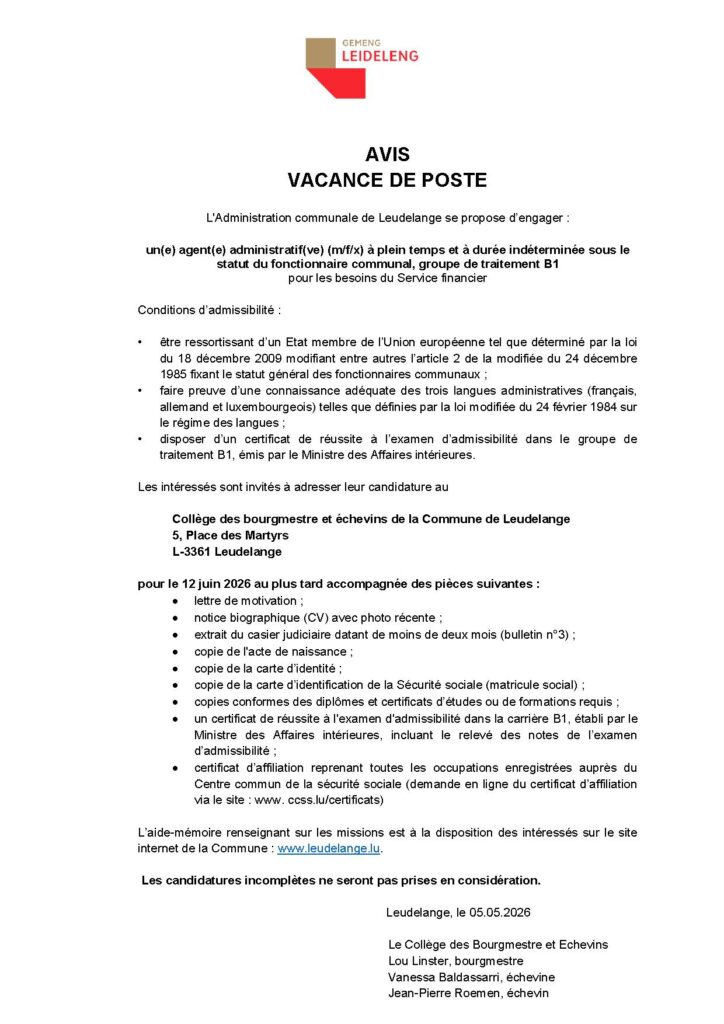 La Commune de Leudelange souhaite recruter un agent administratif (m/f/x)