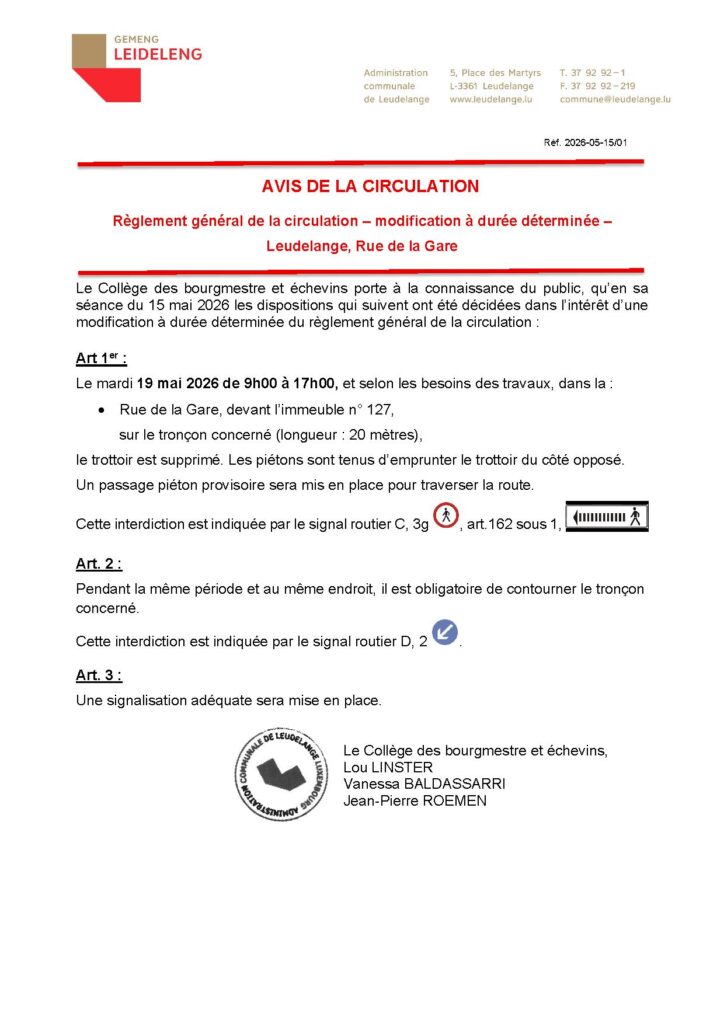Avis de la circulation – Rue de la Gare