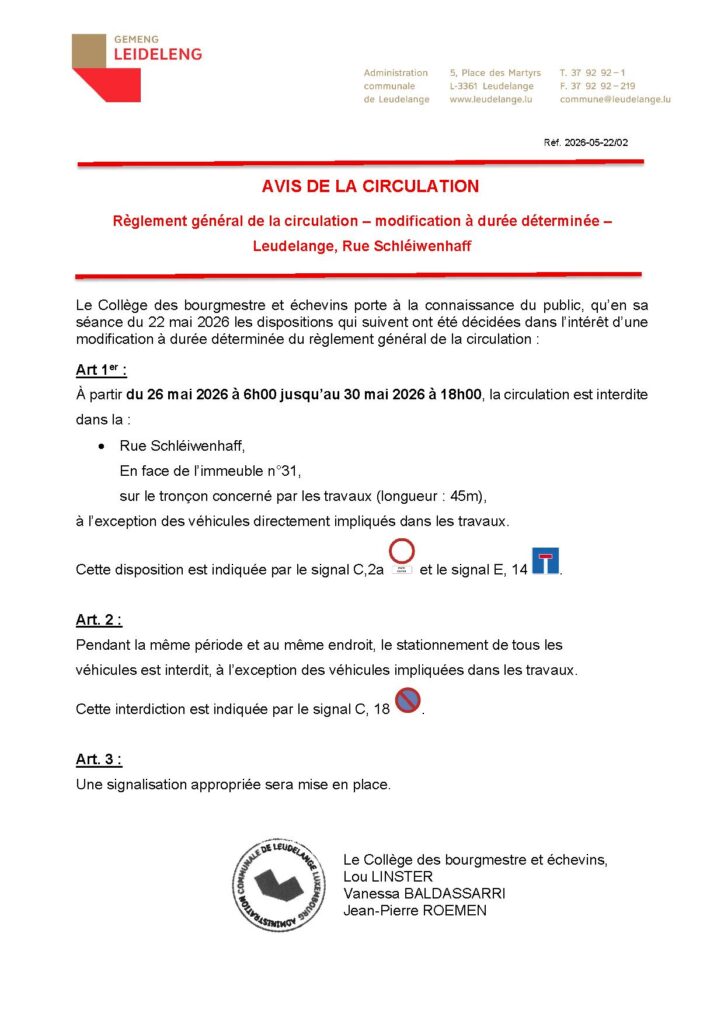 Avis de la circulation – Leudelange, Rue Schléiwenhaff