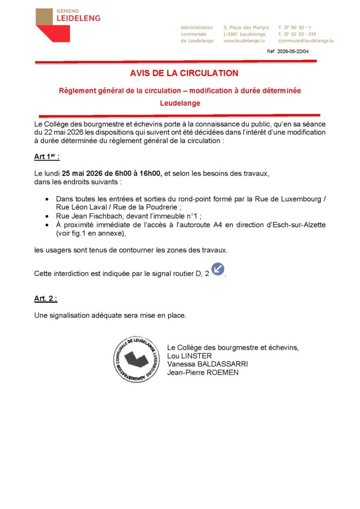 Avis de la circulation – Z.A. Leudelange
