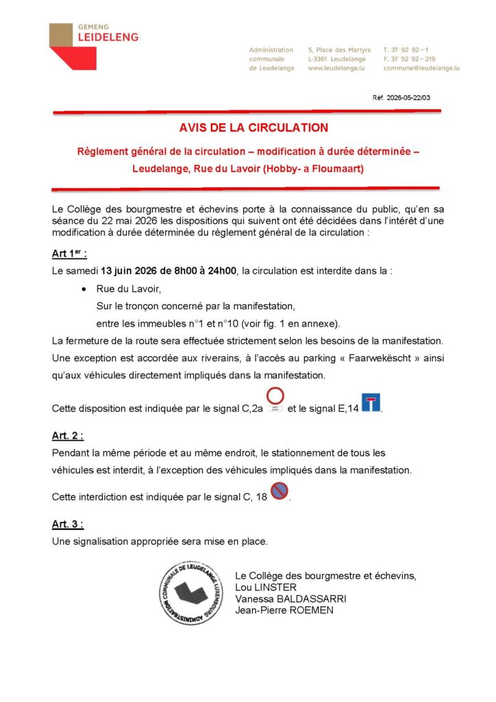 Avis de la circulation – Rue du Lavoir (Hobby- a Floumaart)