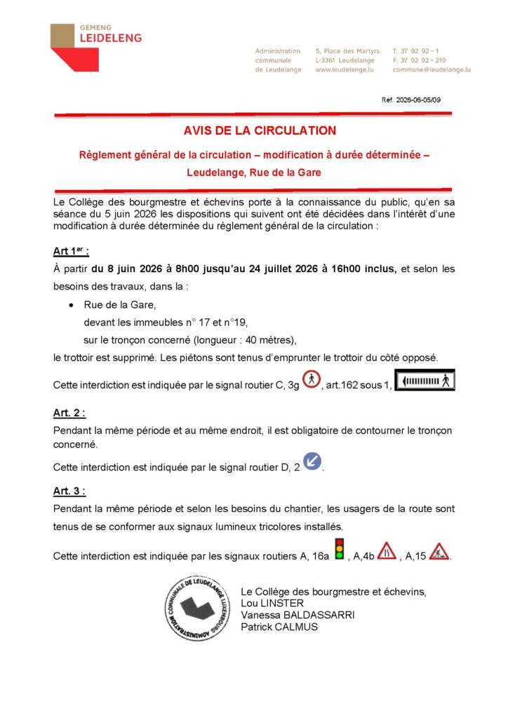 Avis de la circulation – Rue de la Gare