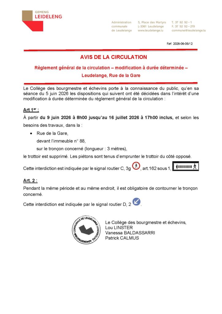 Avis de la circulation – Rue de la Gare