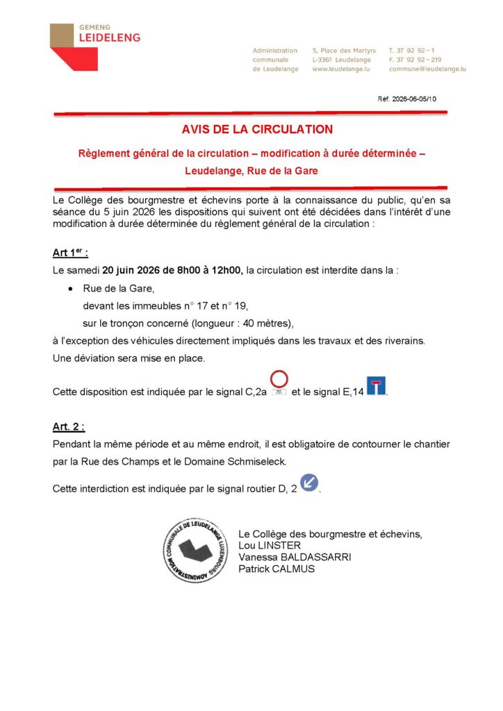 Avis de la circulation – Rue de la Gare