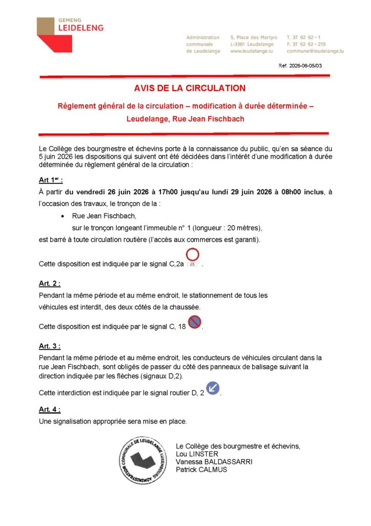 Avis de la circulation – Rue Jean Fischbach