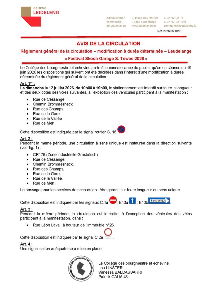 Avis de la circulation – Festival Skoda Garage S. Tewes