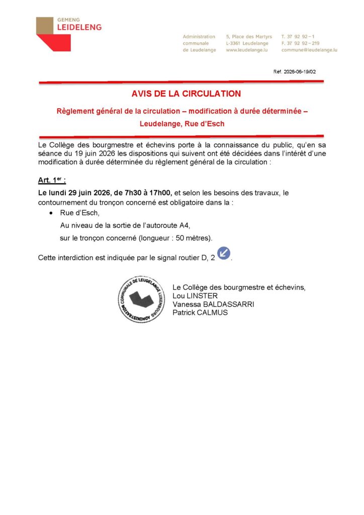 Avis de la circulation – Rue d&rsquo;Esch