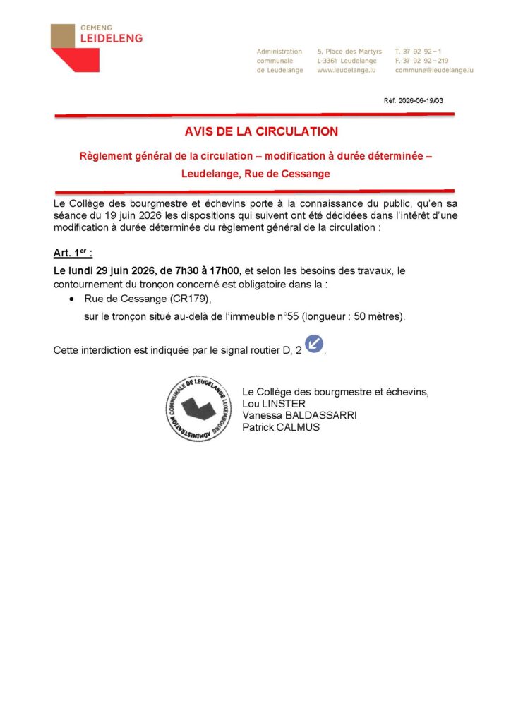 Avis de la circulation – Rue de Cessange
