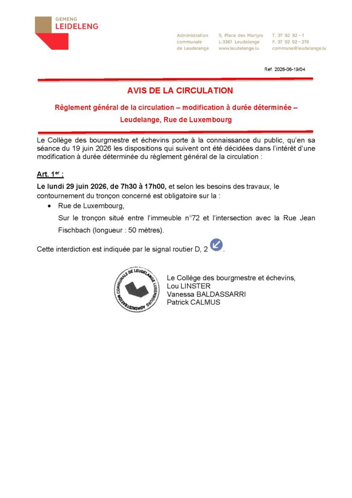 Avis de la circulation – Rue de Luxembourg