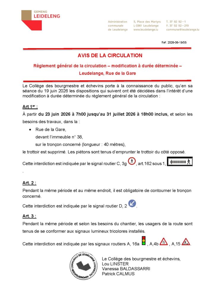 Avis de la circulation – Rue de la Gare