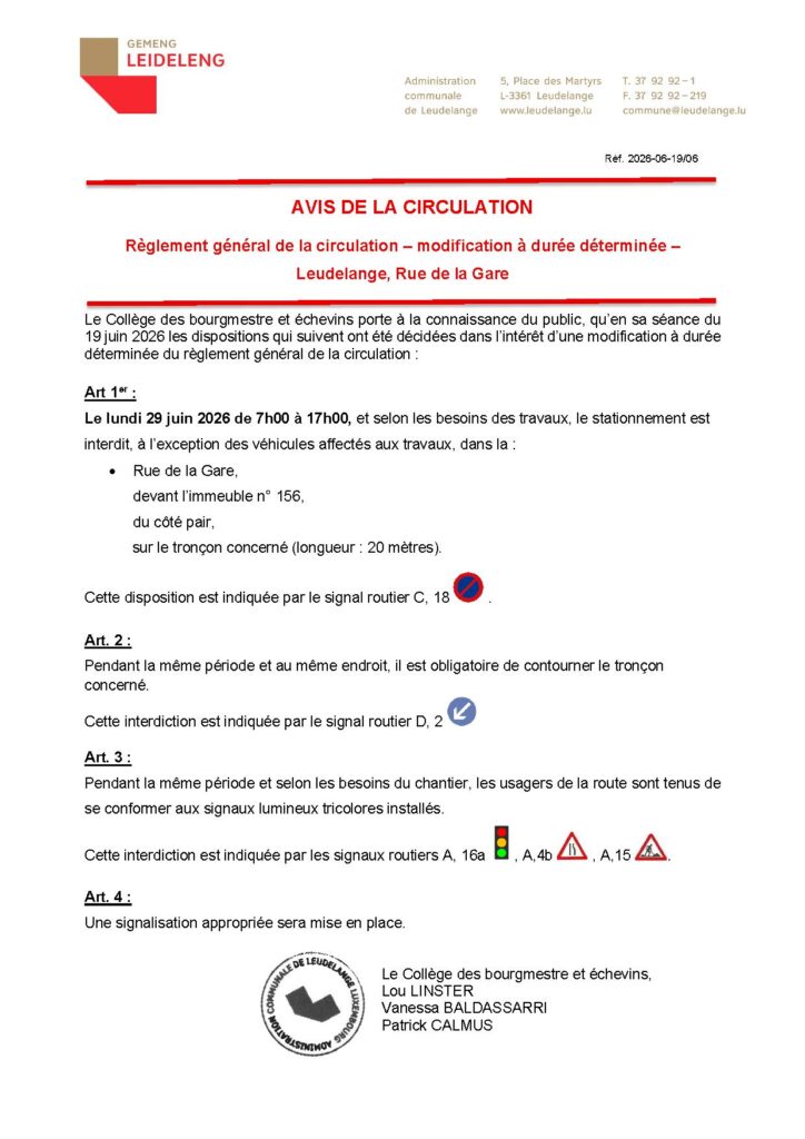 Avis de la circulation – Rue de la Gare