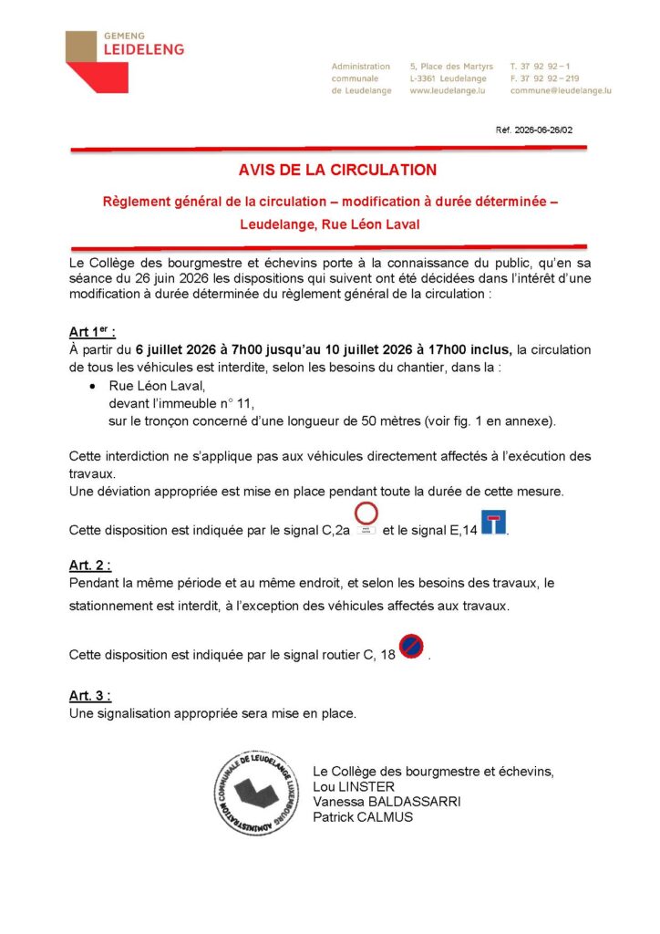 Avis de circulation / Rue Léon Laval