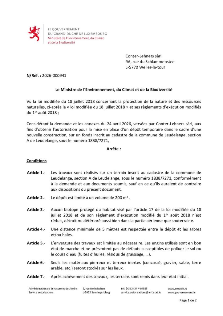 Demande d&rsquo;autorisation – mise en place d&rsquo;un dépôt temporaire