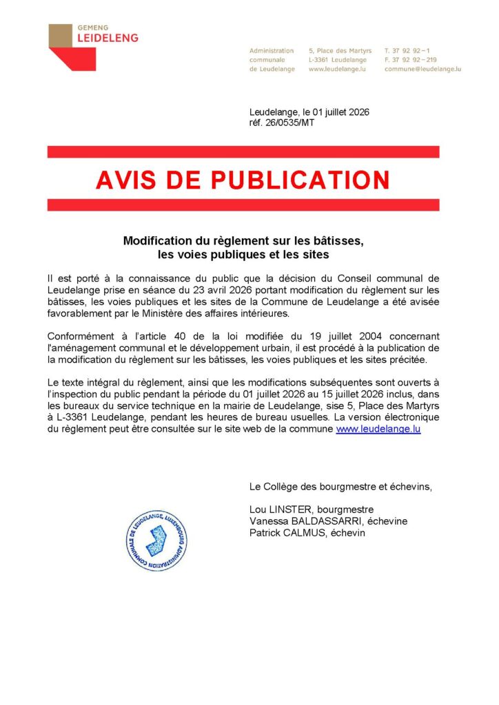 Avis de publication – modification du règlement sur les bâtisses, les voies publiques et les sites