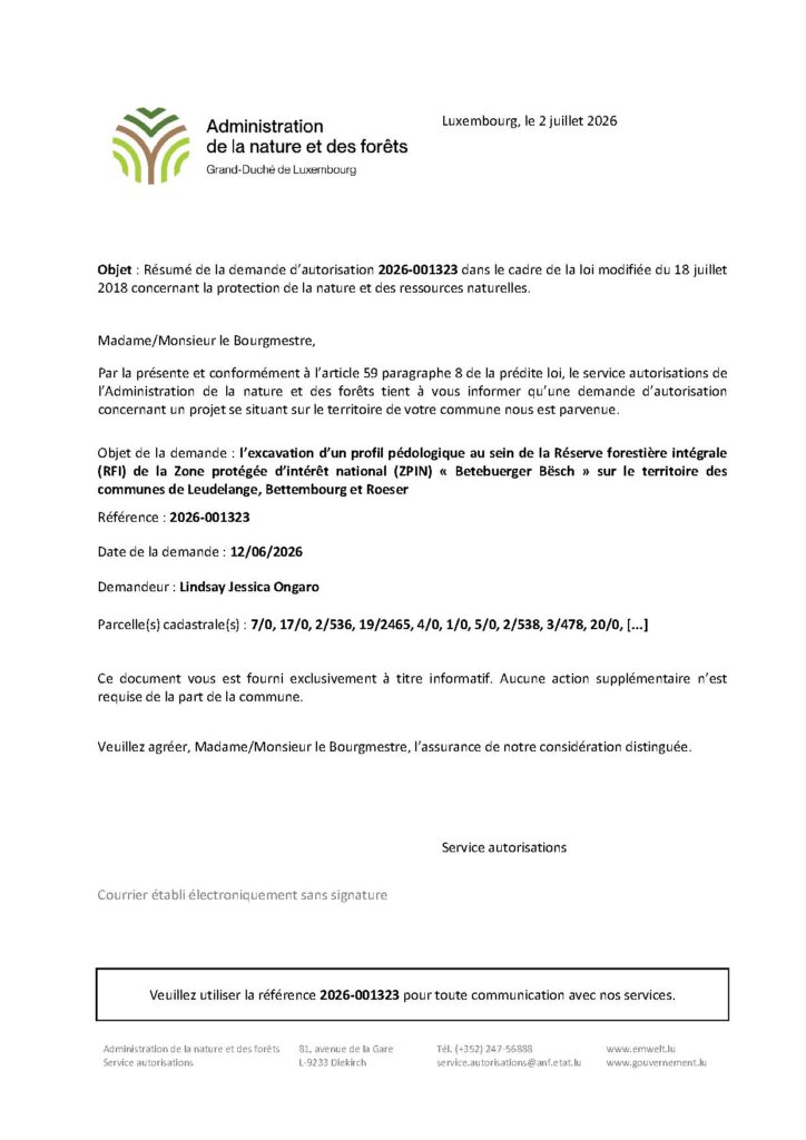 Demande d&rsquo;autorisation – excavation d&rsquo;un profil pédologique