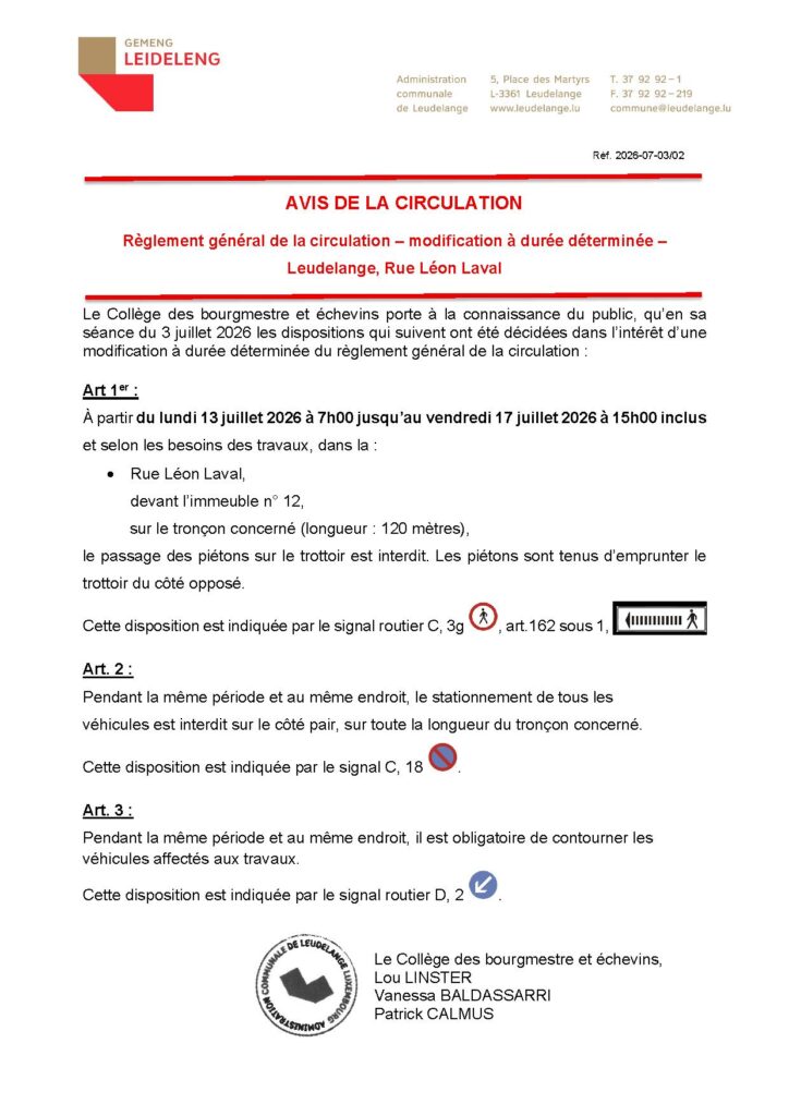 Avis de la circulation – Rue Léon Laval