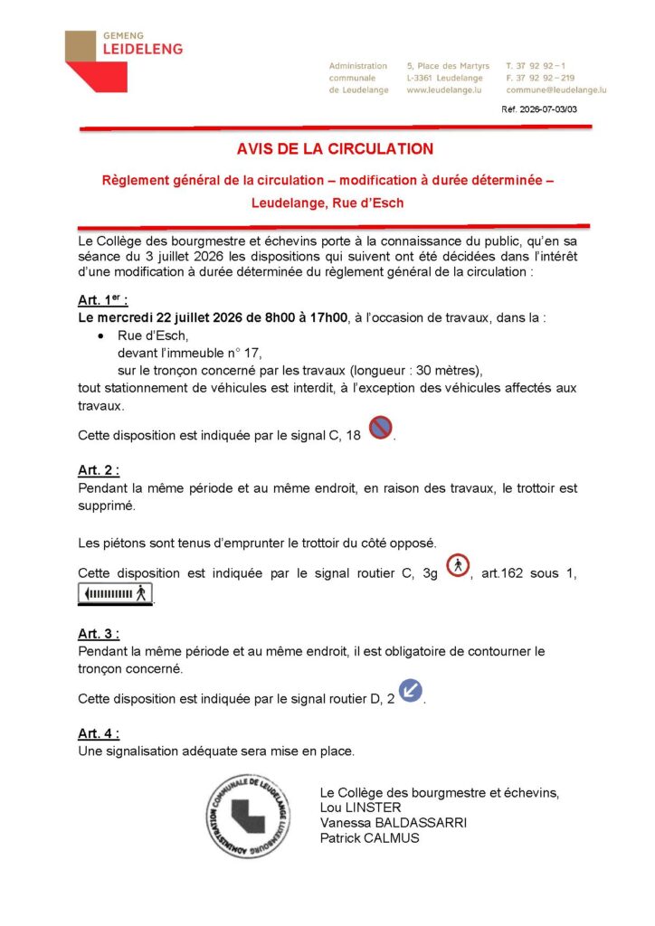 Avis de la circulation – Rue d&rsquo;Esch à Leudelange