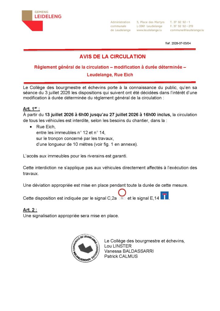 Avis de la circulation – Rue Eich