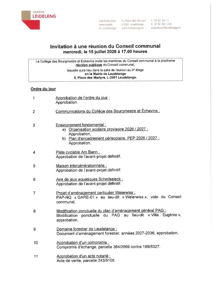 Ordre du jour – Séance du Conseil communal – 15.07
