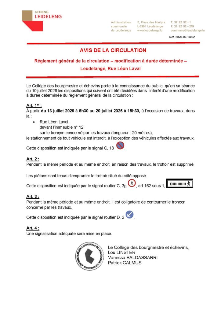 Avis de la circulation – Rue Léon Laval
