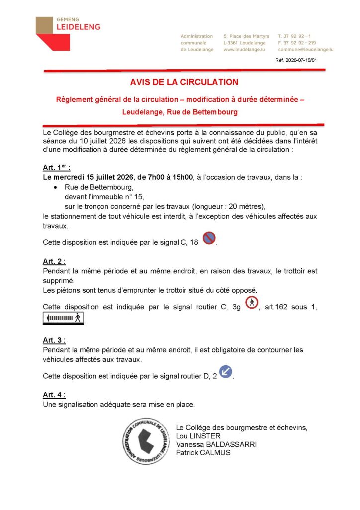 Avis de la circulation – Rue de Bettembourg