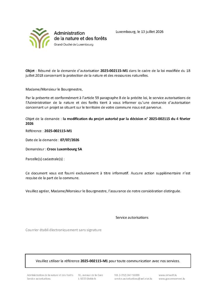 Demande d&rsquo;autorisation – modification de projet