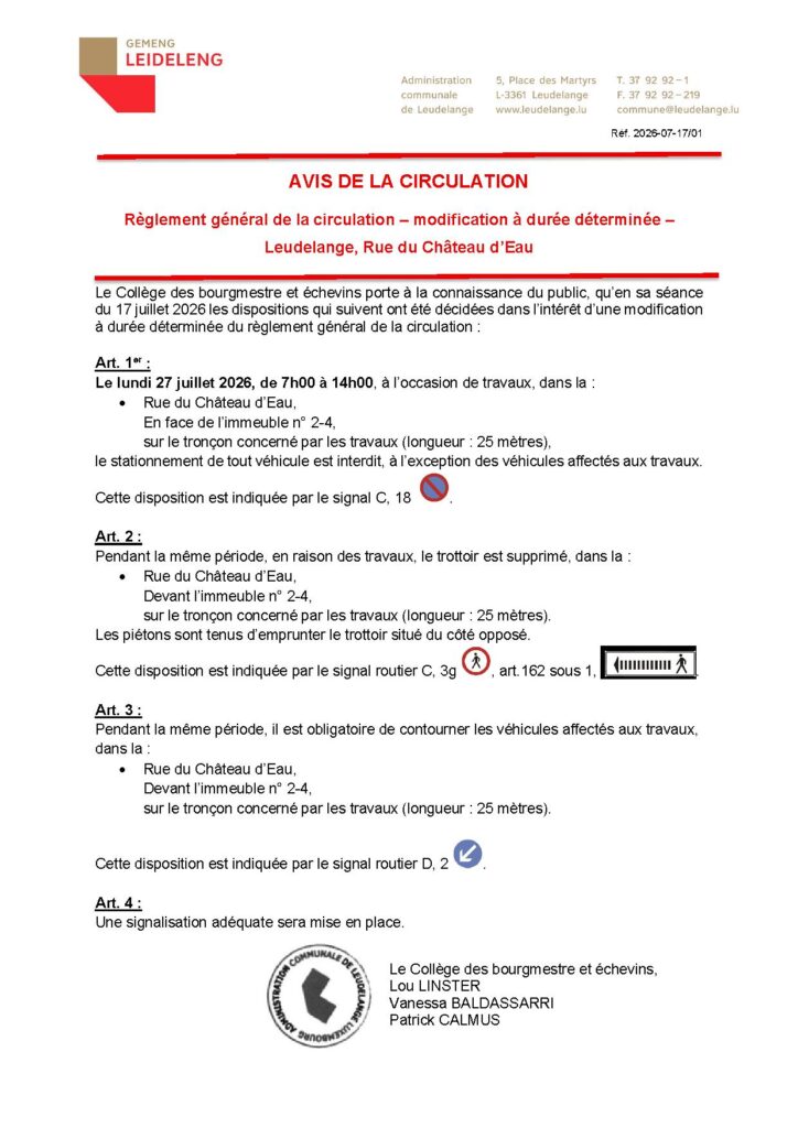 Avis de la circulation – Rue du Château d&rsquo;Eau