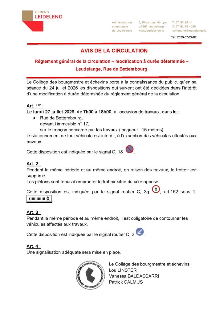 Avis de la circulation – Rue de Bettembourg