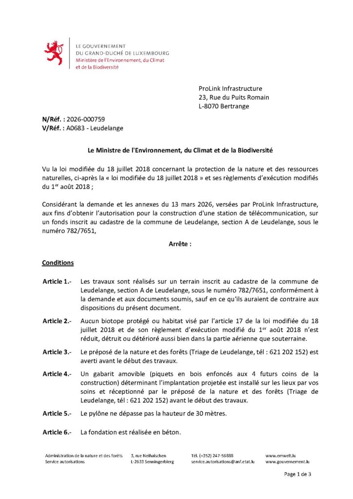 Autorisation pour la construction d&rsquo;une station de télécommunication