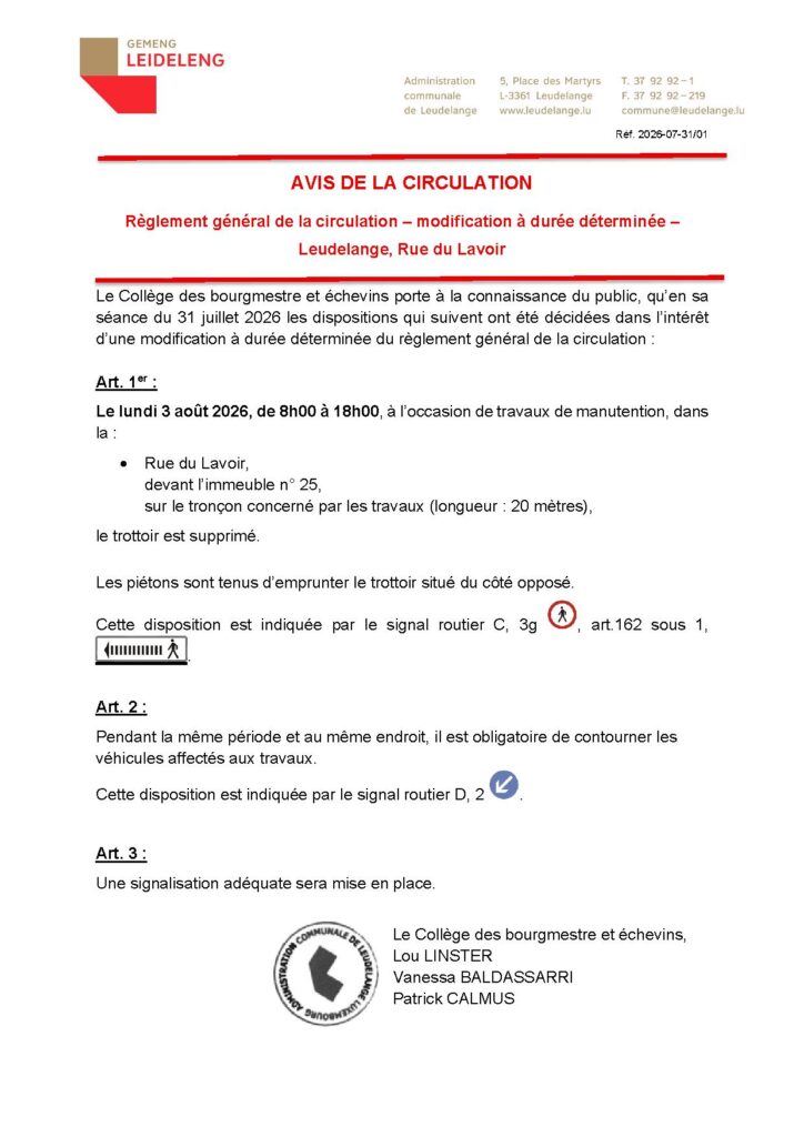 Avis de la circulation – Rue du Lavoir