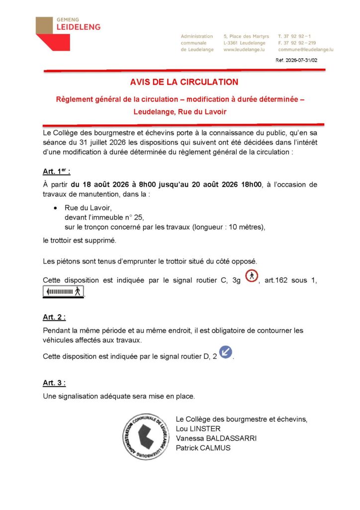 Avis de la circulation – Rue du Lavoir