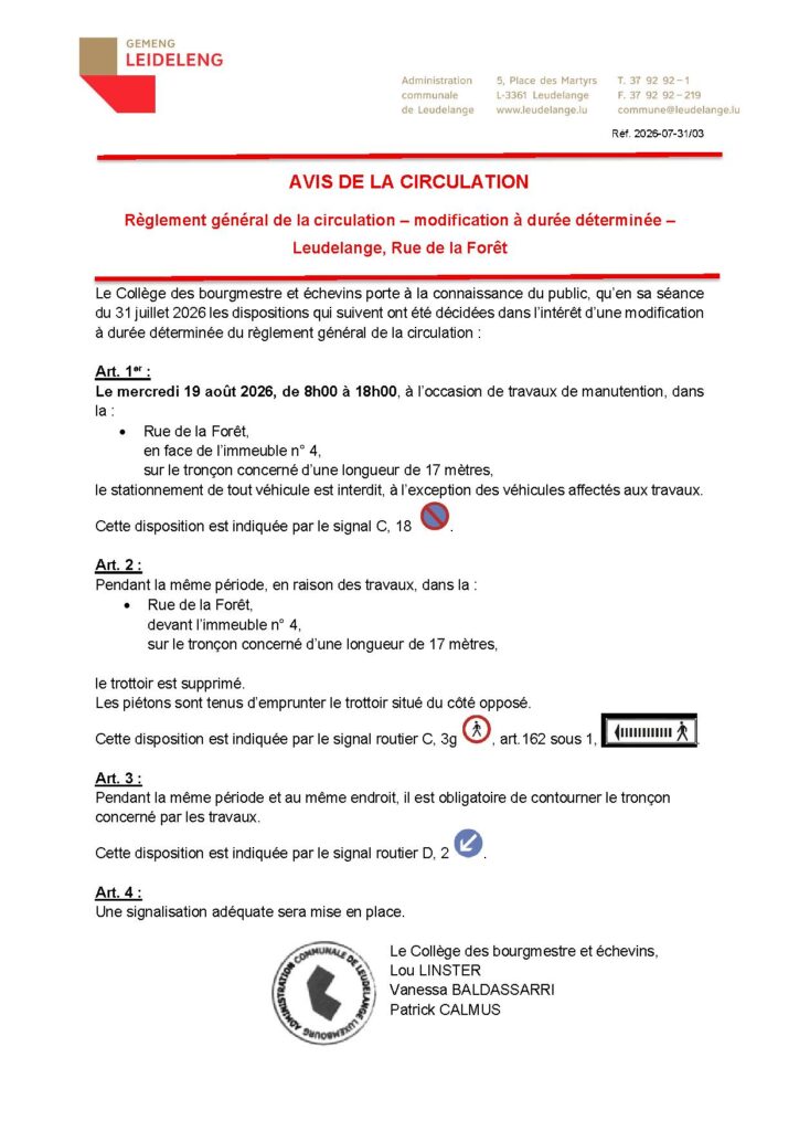 Avis de la circulation – Rue de la Forêt