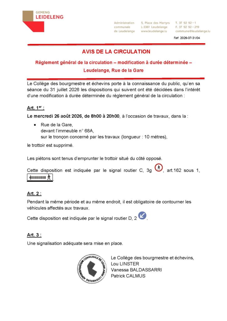 Avis de la circulation – Rue de la Gare