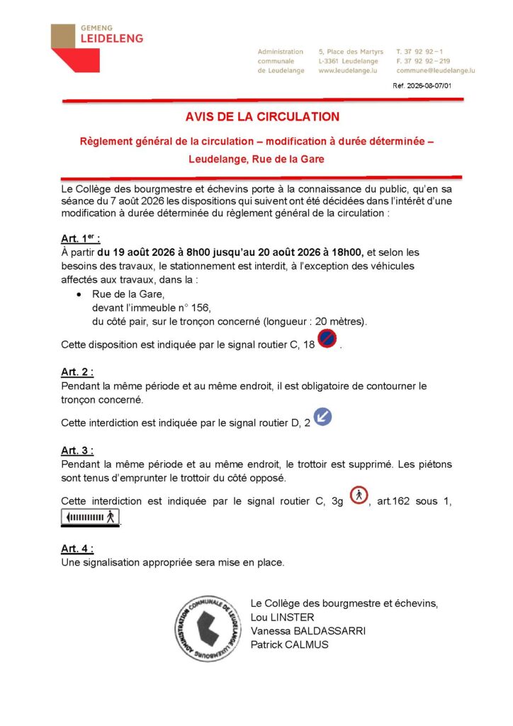 Avis de la circulation – Leudelange, Rue de la Gare