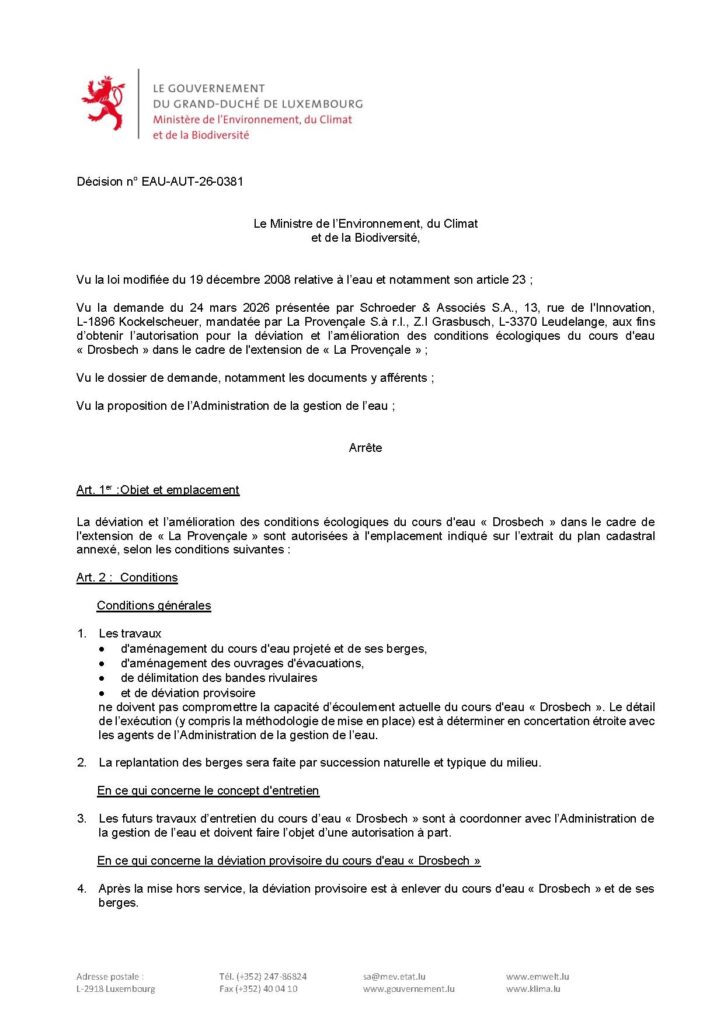Demande d&rsquo;autorisation – déviation et l’amélioration des conditions écologiques du cours d&rsquo;eau « Drosbech »