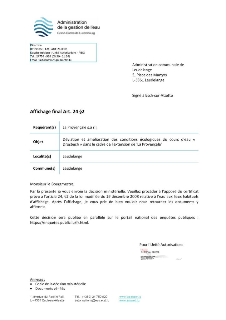 Administration de la gestion de l&rsquo;eau –  Déviation et amélioration des conditions écologiques du cours d&rsquo;eau