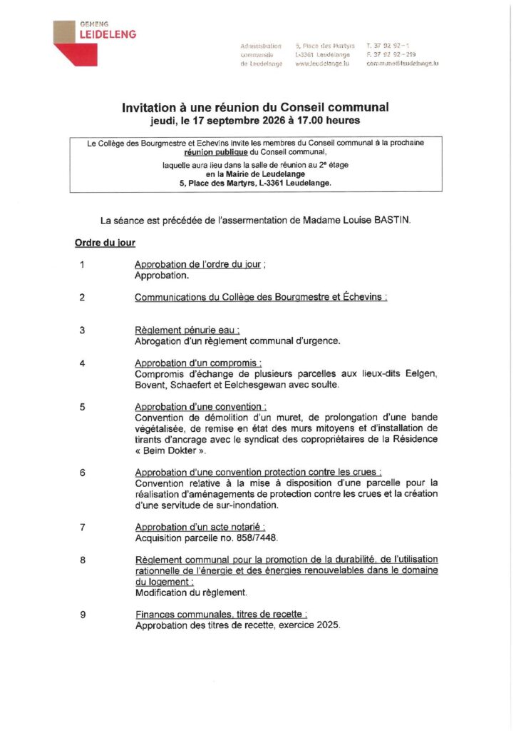 Réunion du Conseil communal – 17.09.2026