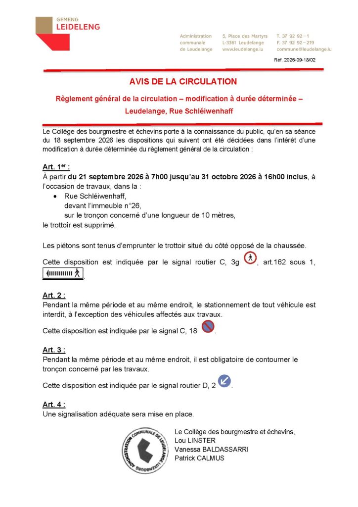Avis de circulation / Rue Schléiwenhaff 1