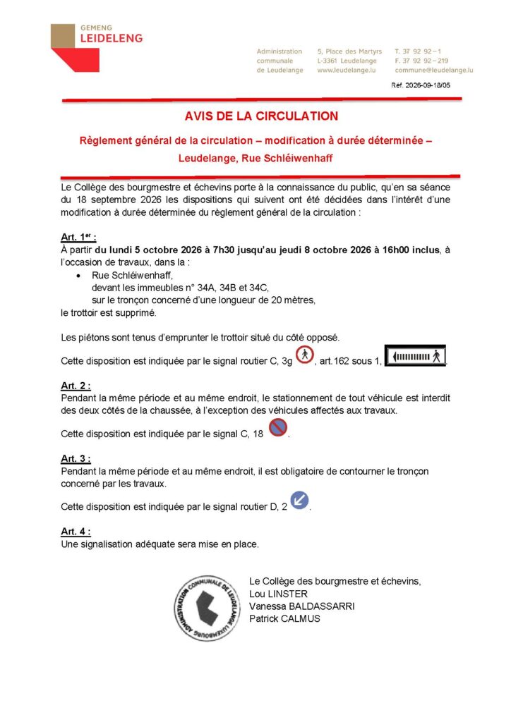 Avis de circulation / Rue Schléiwenhaff 3