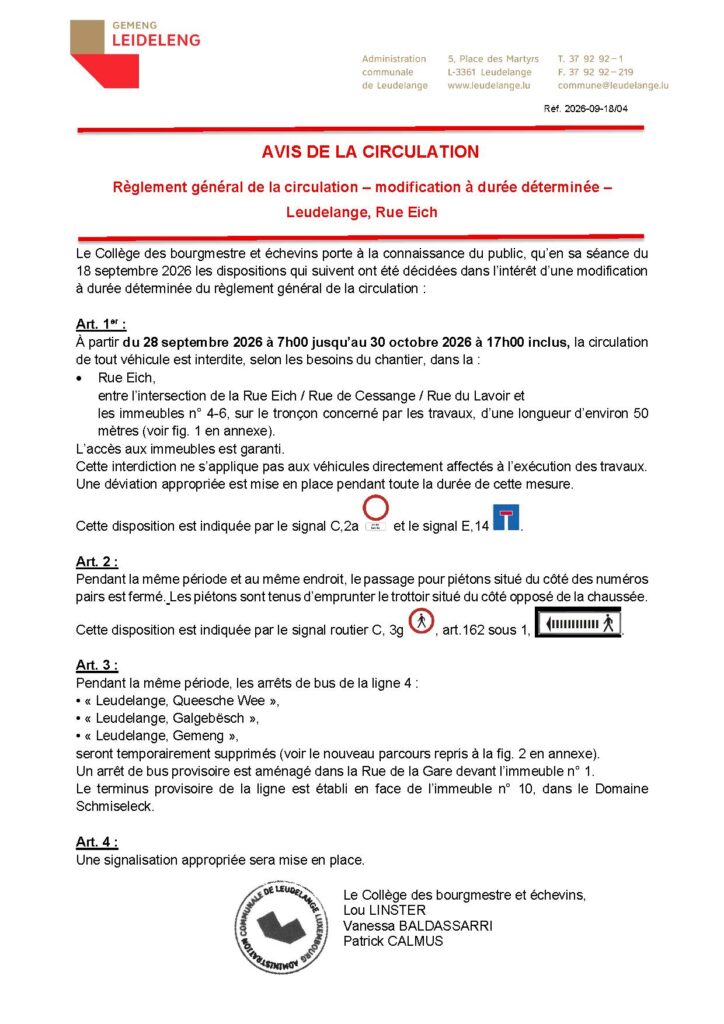 Avis de circulation / Rue Eich