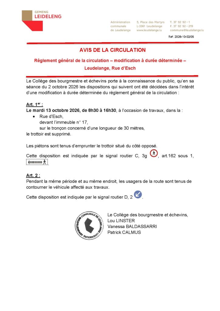 Avis de circulation / Rue d&rsquo;Esch
