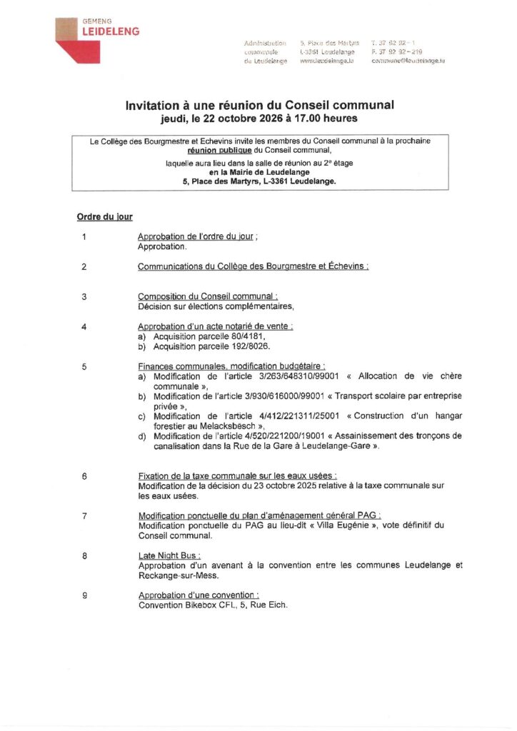 Ordre du Jour  – Conseil communal du 22 octobre 2026
